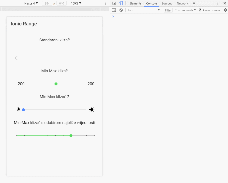 Ionic Range komponenta
